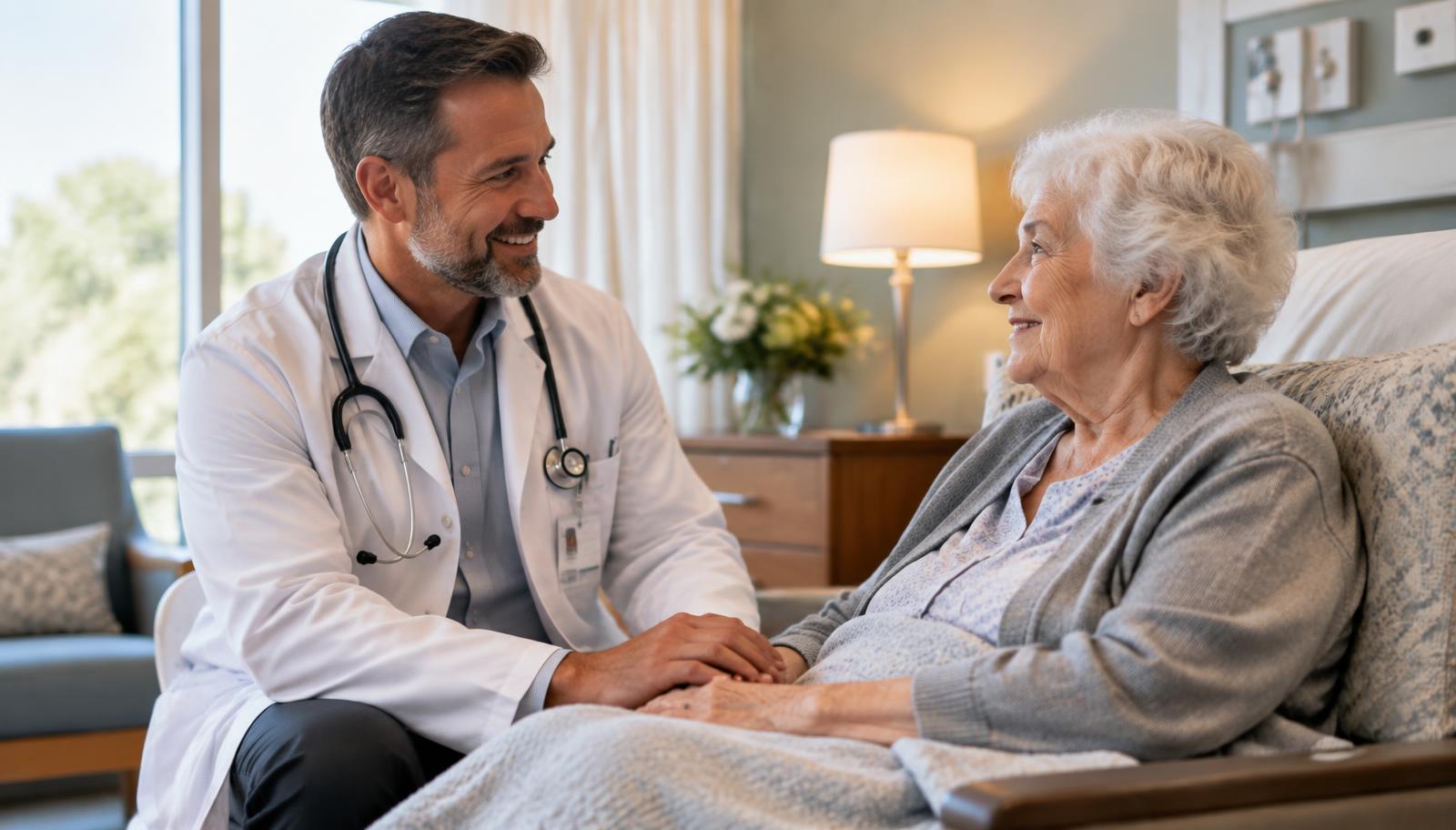 A physician speaking with an elderly resident in a skilled nursing facility room